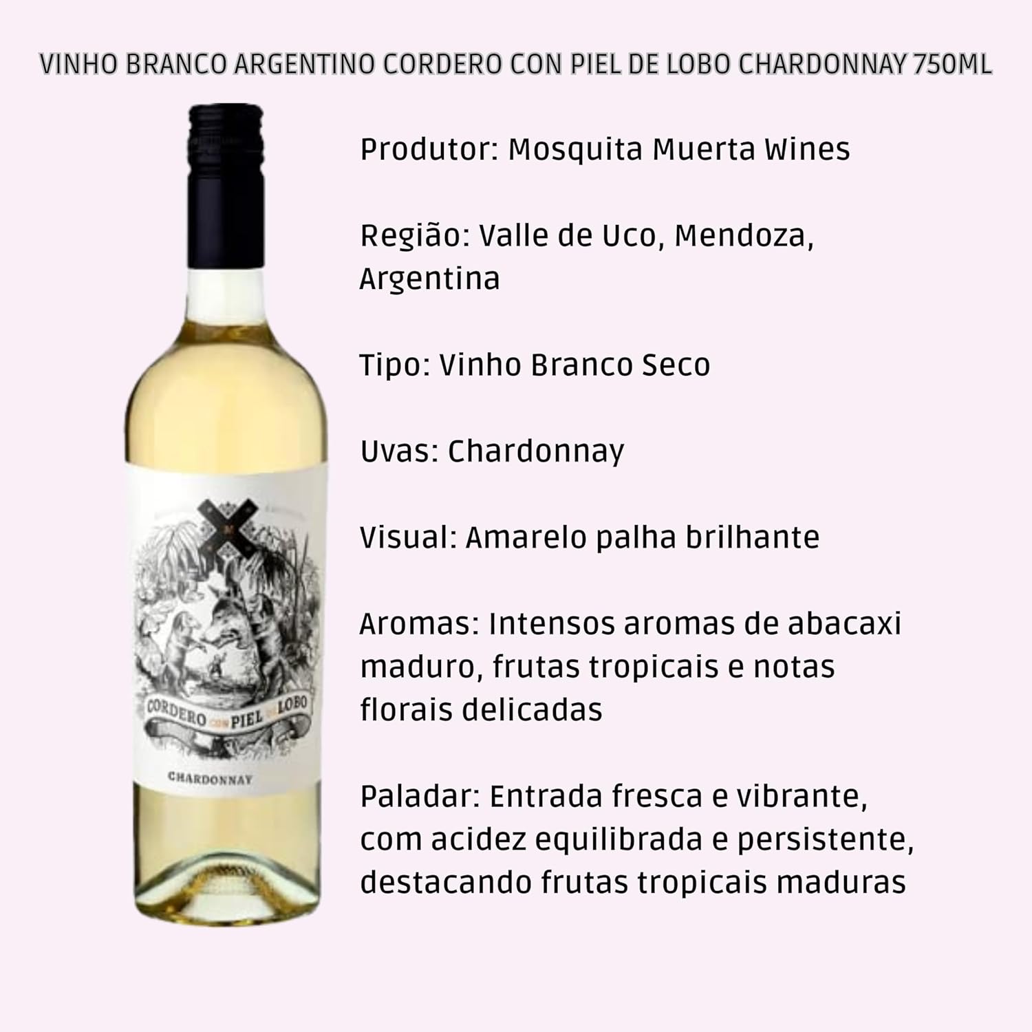 Vinho Branco Argentino Cordero Con Piel de Lobo Chardonnay 750ml - Imagem 4